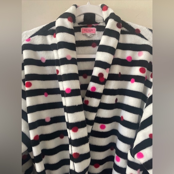 Kate Spade NY Long Sleeve Chenille PlushRobe Confetti Stripe Black White Pink - Picture 4 of 8